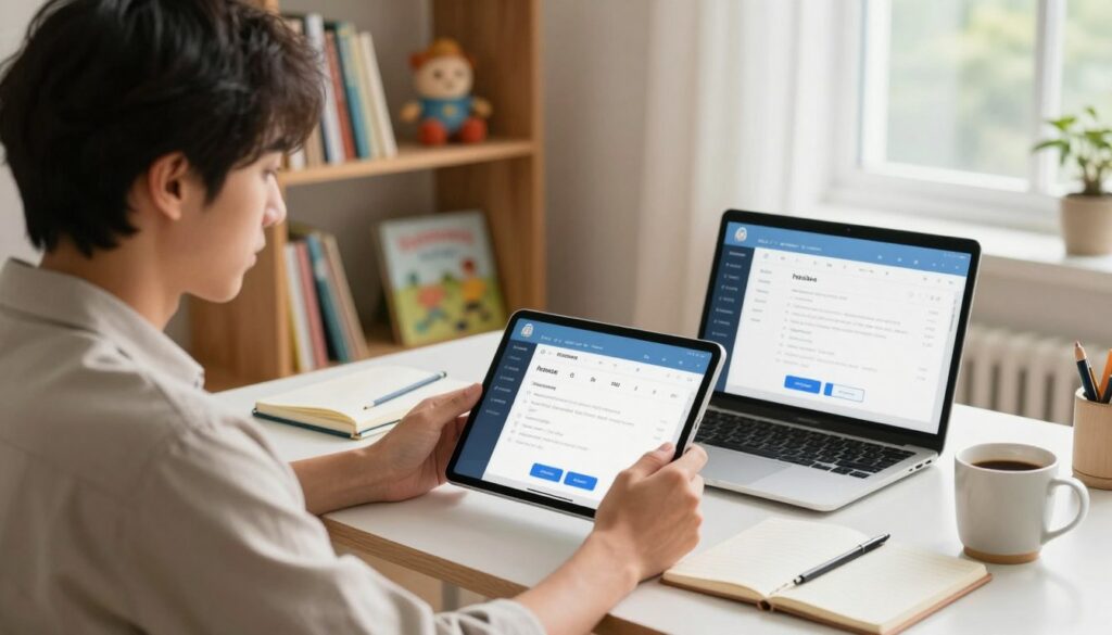 A cozy home office setting, showcasing a parent using a tablet to monitor screen time and content control for their child. In the foreground, the parent, wearing modest casual clothing, focuses on the tablet with a thoughtful expression. In the middle, there's a desk with a laptop open, displaying an intuitive parental control application interface, along with a notebook and a cup of coffee. The background features a well-organized bookshelf filled with children's books and educational toys. Natural light filters through a nearby window, creating a warm, inviting atmosphere. The scene conveys a sense of responsibility, safety, and engagement in nurturing a balanced digital environment for children.