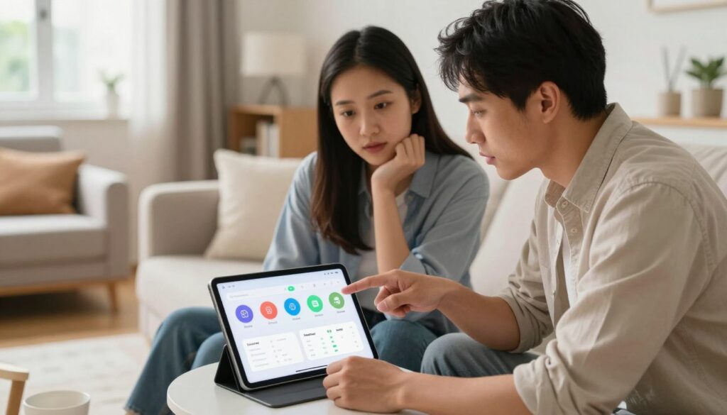 A modern family living room scene where parents are setting up parental controls on a tablet. In the foreground, a tablet displays a user-friendly parental control interface with colorful icons like settings, timers, and activity logs. The middle ground features a mother and father engaged in discussion, wearing casual but neat clothing. The father points at the tablet, while the mother looks on thoughtfully, emphasizing collaboration. In the background, soft natural light streams through a window, illuminating cozy furniture and family-oriented decor, creating a warm and inviting atmosphere. The overall mood is informative and supportive, reflecting the importance of parental guidance in a digital age. The angle is slightly elevated, providing a clear view of the interaction and the device.