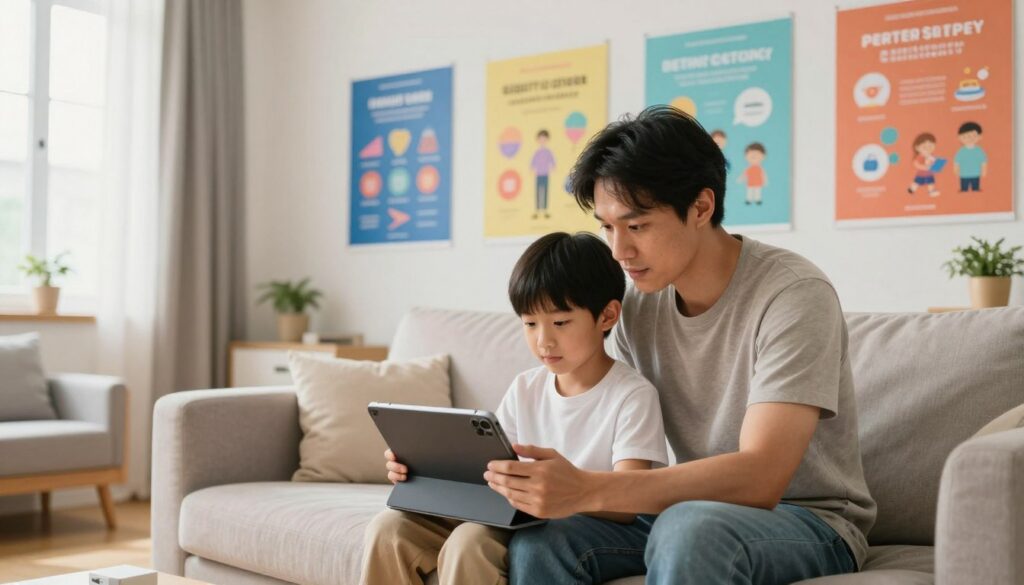 A modern living room with a family gathered around a digital device, illustrating parental controls. In the foreground, a parent in smart casual attire watches over their child, who is engaged with a tablet, showing a sense of guidance and care. The parent’s expression reflects attentiveness and responsibility. In the middle ground, a colorful wall with posters about online safety and digital literacy enhances the theme. In the background, soft natural light streams in through a window, giving the space a warm, inviting atmosphere. Use a wide-angle lens to capture the full scene, highlighting the bond between parent and child, emphasizing the importance of parental controls in maintaining internet safety. The mood is supportive and reassuring, promoting a sense of security.
