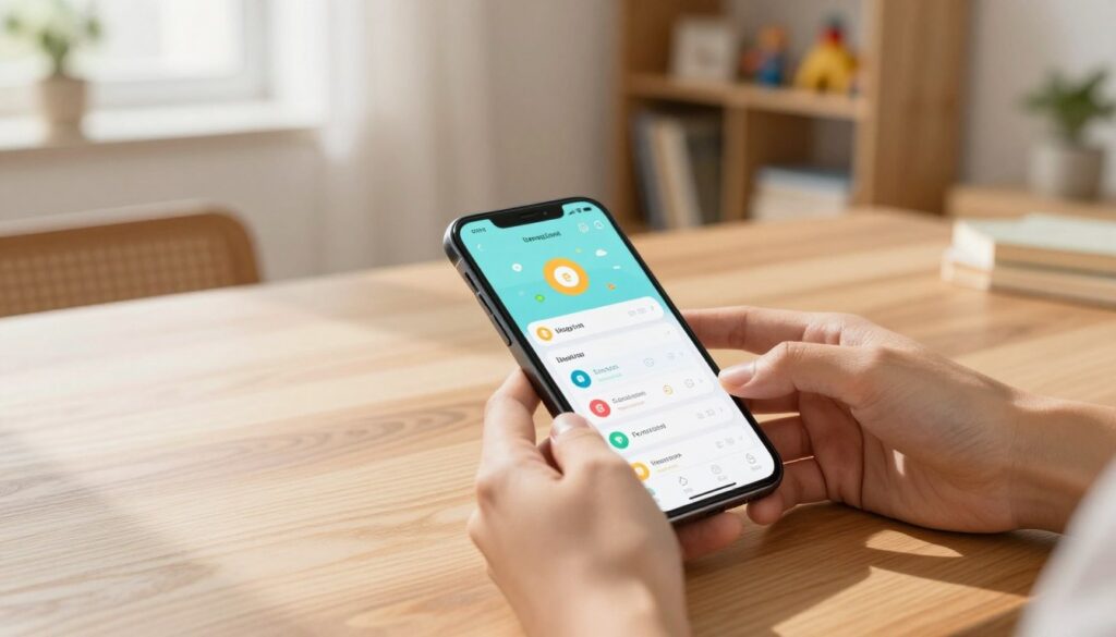 A modern smartphone lying on a wooden table, displaying a parental control app interface with colorful icons and user-friendly visuals. In the foreground, a pair of hands, wearing a simple watch, calmly navigate through the settings, showcasing the user-friendly design. In the middle, a soft focus on informational graphics about usage limits and content filtering options appears alongside the phone. The background features a cozy, well-lit room with a blurred shelf filled with books and toys, creating a warm and inviting atmosphere. The scene is illuminated by natural sunlight streaming through a window, casting gentle shadows, evoking a sense of safety and control. The overall mood reflects empowerment and responsibility in digital parenting.