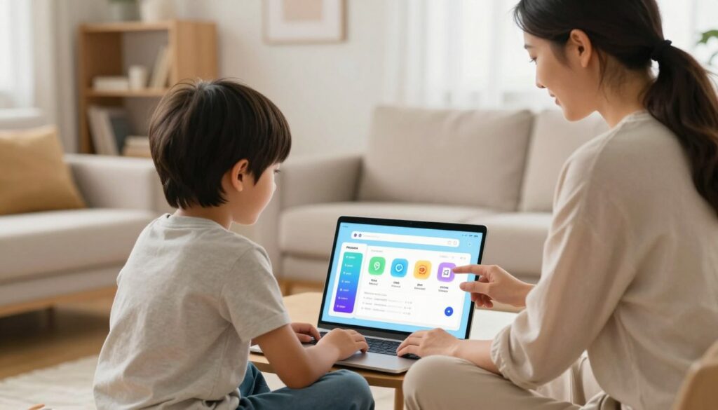 A serene home environment highlighting online child safety. In the foreground, a caring parent, dressed in smart casual attire, is gently guiding a child, wearing a comfortable t-shirt and jeans, as they both interact with a laptop. In the middle, a colorful digital interface displaying parental control tools, like app icons and safety features, subtly integrated into the scene. The background features a cozy living room with a soft, warm color palette, including a bookshelf and soft lighting that creates an inviting atmosphere. The composition captures a sense of guidance, safety, and modern technology, evoking a positive and protective mood for children online.