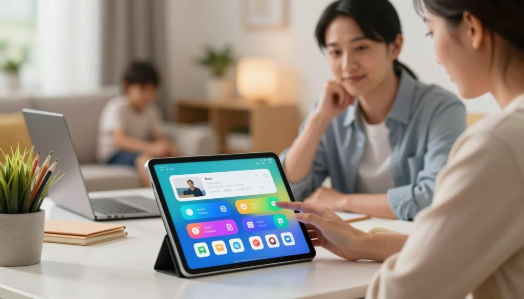 A vibrant, modern digital workspace featuring a parent reviewing parental control applications on a sleek tablet. In the foreground, display the tablet with a colorful interface showcasing various app icons, emphasizing features like monitoring, screen time management, and web filtering. In the middle ground, a confident parent in professional attire sits at a contemporary desk with thoughtful expressions, surrounded by household items like stationery and a potted plant. The background includes soft-focus elements like a cozy family living space, hinting at the home environment. The lighting is warm and inviting, suggesting a sense of security and positivity. The composition emphasizes technology, family, and responsibility in a balanced and visually appealing manner.
