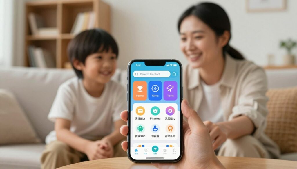 A visually engaging scene depicting essential parental control app features. In the foreground, showcase a smartphone displaying a colorful interface with various parental control features such as screen time management, content filtering, and activity monitoring. The middle ground features a family setting, including a parent and child interacting harmoniously, both dressed in casual, modest attire, with the parent pointing at the smartphone. In the background, a cozy living room with bookshelves and soft lighting creates a warm, secure atmosphere. Use soft, natural light to emphasize the connection between the parent and child, with a focus on the smartphone screen. The overall mood should convey safety, guidance, and the modern integration of technology in parenting.