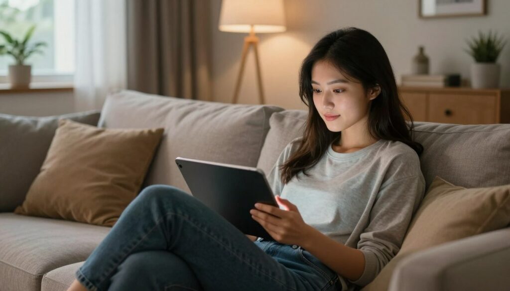 Mulher relaxando no sofá assistindo filmes online grátis em seu tablet