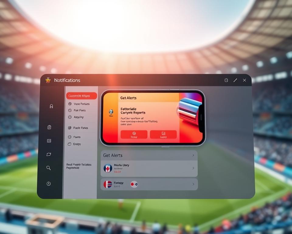A modern and sleek digital interface showcasing a notification settings panel for app alerts related to the FIFA World Cup 2026. In the foreground, an elegant dashboard displaying customizable notification options alongside user-friendly icons for various team selections. The middle layer features a vibrant screen of a smartphone showing real-time updates and call-to-action buttons, such as "Get Alerts" and "Customize Panel". The background depicts a subtle, blurred image of a football stadium, infused with natural daylight, creating a lively and engaging atmosphere. The overall mood conveys excitement and professionalism, ideal for maximizing user experience with sports-related apps. Use a slight overhead angle to emphasize the dashboard interface while maintaining sharpness and clarity throughout the image. A modern and sleek digital interface showcasing a notification settings panel for app alerts related to the FIFA World Cup 2026. In the foreground, an elegant dashboard displaying customizable notification options alongside user-friendly icons for various team selections. The middle layer features a vibrant screen of a smartphone showing real-time updates and call-to-action buttons, such as "Get Alerts" and "Customize Panel". The background depicts a subtle, blurred image of a football stadium, infused with natural daylight, creating a lively and engaging atmosphere. The overall mood conveys excitement and professionalism, ideal for maximizing user experience with sports-related apps. Use a slight overhead angle to emphasize the dashboard interface while maintaining sharpness and clarity throughout the image.