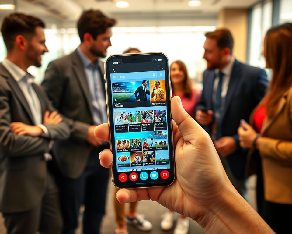 A smartphone displaying a vibrant interface filled with various sports news aggregation apps, prominently showcasing icons related to soccer, basketball, and football. In the foreground, the phone is held by a diverse group of people dressed in smart casual attire, engaged in conversation, and sharing insights about the latest sports updates. The middle layer features a digital screen with a colorful layout of news headlines and images related to upcoming tournaments, creating an eye-catching scene. The background includes a modern office environment with soft, warm lighting, emphasizing a collaborative atmosphere filled with excitement. The overall mood is dynamic and engaging, capturing the essence of sports enthusiasm and technological connectivity. A smartphone displaying a vibrant interface filled with various sports news aggregation apps, prominently showcasing icons related to soccer, basketball, and football. In the foreground, the phone is held by a diverse group of people dressed in smart casual attire, engaged in conversation, and sharing insights about the latest sports updates. The middle layer features a digital screen with a colorful layout of news headlines and images related to upcoming tournaments, creating an eye-catching scene. The background includes a modern office environment with soft, warm lighting, emphasizing a collaborative atmosphere filled with excitement. The overall mood is dynamic and engaging, capturing the essence of sports enthusiasm and technological connectivity.