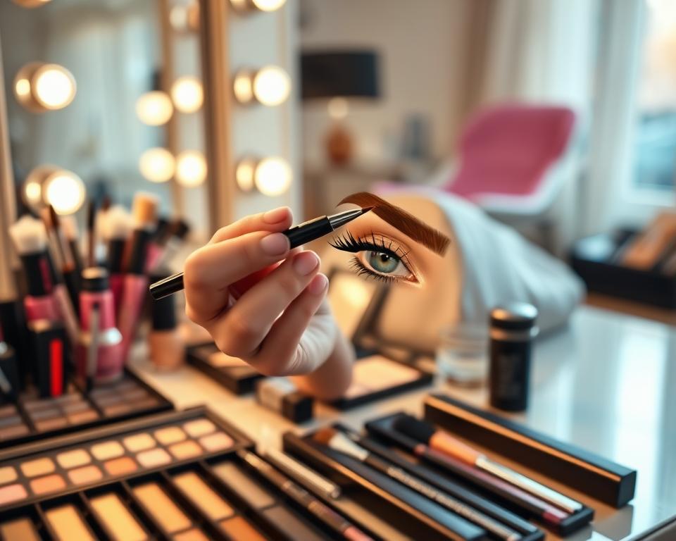 A step-by-step graphic eyeliner tutorial, illustrated with a clear, engaging layout. In the foreground, depict a close-up of a well-organized makeup workstation, featuring an array of colorful eyeliners, brushes, and tools. In the middle, show a detailed hand drawing a stylish eyeliner look on an eye, demonstrating precise strokes and techniques. The background should consist of a softly blurred vanity mirror reflecting ambient lighting, creating a warm and inviting atmosphere. Emphasize bright, natural lighting to highlight the colors and textures of the makeup. The mood should be creative and inspirational, aimed at makeup enthusiasts eager to learn new techniques for special occasions like the World Cup.